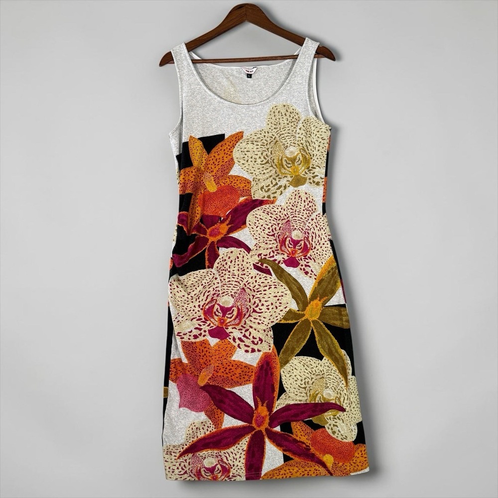 The Kit Ruched Midi Tank Dress - Floral Orange Orchids - Size Large